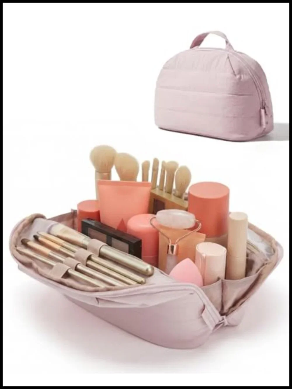 Portable Fold-down Puffy Padded Cosmetic Case with 16 Elastic Loops & Removable